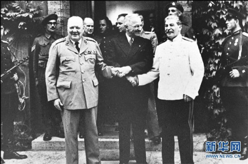 File photo shows Winston Churchill (L), Harry S. Truman (C) and Joseph Stalin (R) at the Potsdam Conference in July 1945. The Potsdam Declaration, which outlined the terms of surrender for Japan during World War II in Asia, was issued on July 26, 1945. Photoxinhuanet.com