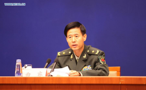 Qu Rui, deputy director of the Office of the Parade Leading Team and Deputy Chief of the Operations Department of the General Staff Headquarters, attends a press conference in Beijing, capital of China, Aug. 21, 2015. (Photo: Xinhua/Wang Haobo) 