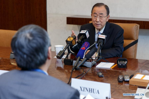 UN Secretary-General Ban Ki-moon speaks during an interview with Chinese media at the UN headquarters in New York, the United States, Aug. 28, 2015.  (Photo: Xinhua/Li Muzi)