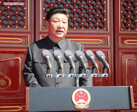 Chinese PresidentXi Jinpingdelivers a speech during the commemoration activities to mark the 70th anniversary of the victory of the Chinese People's War of Resistance AgainstJapanese Aggression and the World Anti-Fascist War, in Beijing, capital of China, Sept. 3, 2015. (Photo: Xinhua/Lan Hongguang)