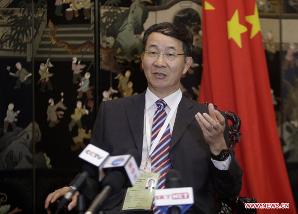 Chinese Foreign Ministry's special envoy for Asian Affairs Sun Guoxiang speaks during an interview with Chinese and local media in Yangon, Myanmar, Nov. 7, 2015. (Xinhua/U Aung)