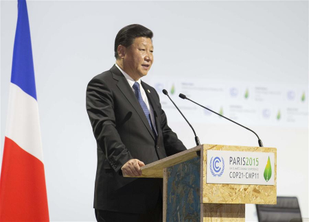 Chinese President Xi Jinping delivers a speech at the opening ceremony of the United Nations (UN) climate change conference in Paris, France, Nov. 30, 2015. (Photo: Xinhua/Huang Jingwen) 