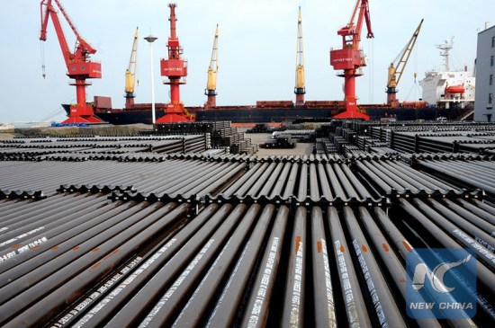 Photo taken on Nov. 1, 2015 show steel pipes at the Lianyungang Port in E China's Jiangsu Province. (Photo/Xinhua)