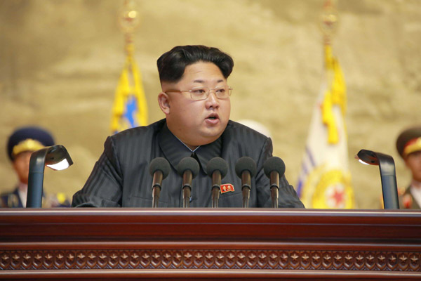 Photo provided by Korean Central News Agency (KCNA) on July 26, 2015 shows top leader of the Democratic People's Republic of Korea (DPRK) Kim Jong-un making a congratulatory speech at the 4th National Conference of War Veterans on July 25, 2015. (Photo/Xinhua/KCNA)