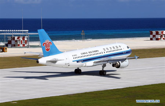 A civilian aircraft took off from the Meilan Airport of Haikou, capital of south China's Hainan Province, Jan. 6, 2016. China successfully carried out test fights of two civilian aircraft on Wednesday on a newly-built airfield in the Nansha Islands of the South China Sea. (Photo: Xinhua/Chen Yichen) 