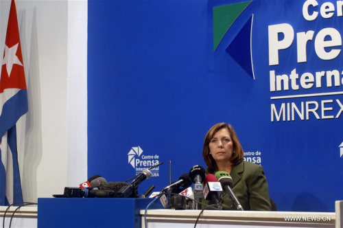 The Cuban Foreign Ministry's head of U.S. affairs Josefina Vidal attends a press conference at the Cuban Foreign Ministry headquarters in Havana, Cuba, on Feb. 18, 2016. (Xinhua/Jorge Perez/PRENSA LATINA)