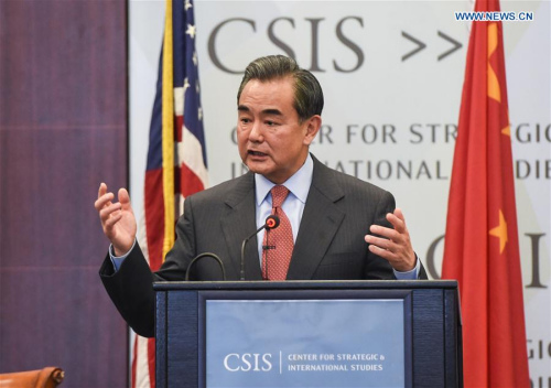 Chinese Foreign Minister Wang Yi speaks during a discussion on Chinese foreign policy and China-U.S. Relations at Center for Strategic and International Studies(CSIS) in Washington D.C., the United States, on Feb. 25, 2016. (Photo: Xinhua/Bao Dandan)