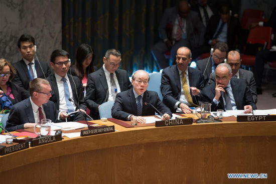 Liu Jieyi (C, front), China's permanent representative to the United Nations, speaks after the Security Council adopted a resolution on the Democratic People's Republic of Korea (DPRK) at the UN headquarters in New York, March 2, 2016. (Photo: Xinhua/Li Muzi)