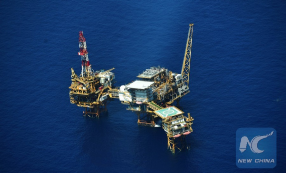 An aerial photo taken on Sept. 25, 2015 from a seaplane of Hainan Maritime Safety Administration shows the Yacheng 13-1 drilling rig during a patrol in south China Sea.(Photo; Xinhua/Zhao Yingquan)