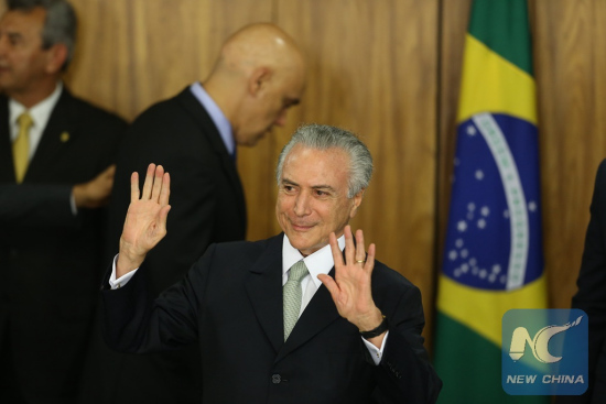 Brazil's acting President Michel Temer takes part in the inauguration ceremony of the new ministers of his government, at the Planalto Palace in Brasilia, Brazil, on May 12, 2016. (Xinhua/Dida Sampaio/Estadao Conteudo/AGENCIA ESTADO)
