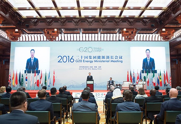 Chinese Vice Premier Zhang Gaoli addresses the opening ceremony of the G20 Energy Ministerial Meeting in Beijing on June 29, 2016.(Photo/Xinhua)