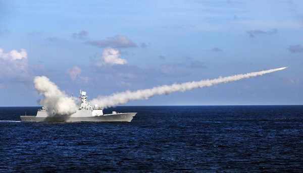 Missile frigate Yuncheng launches an anti-ship missile during a military exercise in the water area near South China's Hainan Island and Xisha islands, July 8, 2016. (Photo/Xinhua)