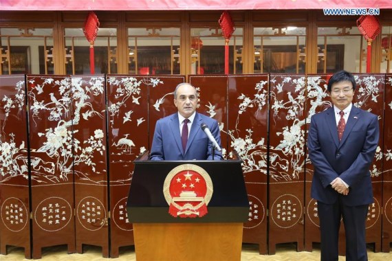 Cypriot Acting President Demetris Syllouris(L) delivers a speech during a gathering celebrating the 67th anniversary of the National Day of China in Nicosia, Cyprus on Sept. 22, 2016. (Photo: Xinhua/Zhang Zhang)