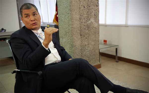 Ecuadorian President Rafael Correa speaks during an exclusive interview with Xinhua News Agency in Quito, capital of Ecuador, Nov. 10, 2016. Ecuadorian President Rafael Correa hopes Chinese President Xi Jinping's upcoming state visit to his country will expand cooperation between the two sides in various fields. (Xinhua/Santiago Armas)