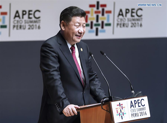Chinese President Xi Jinping delivers a keynote speech at the Asia-Pacific Economic Cooperation (APEC) CEO Summit in Lima, Peru, Nov. 19, 2016. (Xinhua/Lan Hongguang)