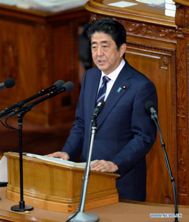 Japan's Prime Minister Shinzo Abe delivers a speech during an extraordinary parliament session in Tokyo, Japan, on Sept. 26, 2016. (Photo: Xinhua file photo/Ma Ping)