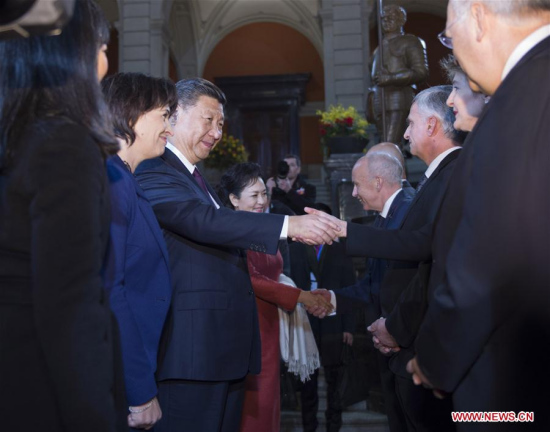 Chinese President Xi Jinping attends a welcome ceremony held by all members of the Swiss Federal Council in Bern, Switzerland, Jan. 15, 2017. (Xinhua/Xie Huanchi)