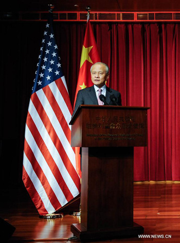 Chinese Ambassador to the United States Cui Tiankai speaks at the Chinese embassy's New Year reception in Washington, D.C., the United States, Feb. 1, 2017. China and the United States should always cooperate in the face of challenges, Chinese Ambassador to the United States Cui Tiankai said Wednesday. (Xinhua/Liu Yang)