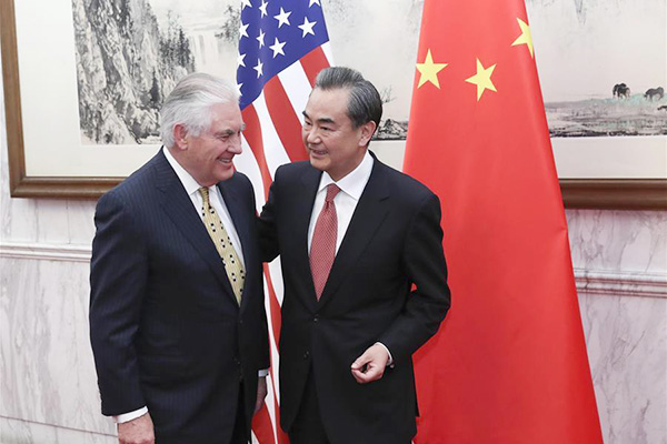 Chinese Foreign Minister Wang Yi (R) meets with US Secretary of State Rex Tillerson in Beijing, March 18, 2017.(Photo/Xinhua)