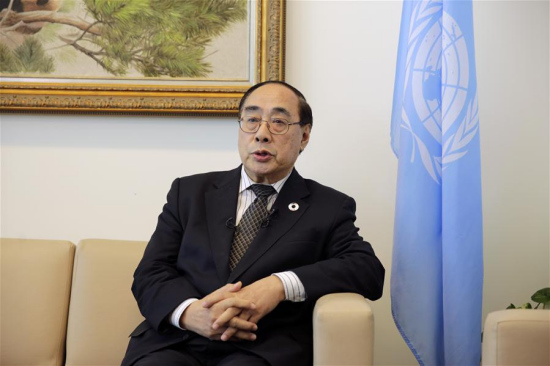Wu Hongbo, UN under-secretary-general for economic and social affairs, speaks during a joint interview with Chinese media at the UN headquarters in New York, May 3, 2017. 