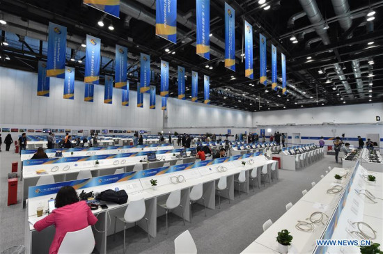 Photo taken on May 12, 2017 shows a scene of the media center of the Belt and Road Forum for International Cooperation in Beijing, capital of China. The media center was put into operation on Friday. (Xinhua/Li He)