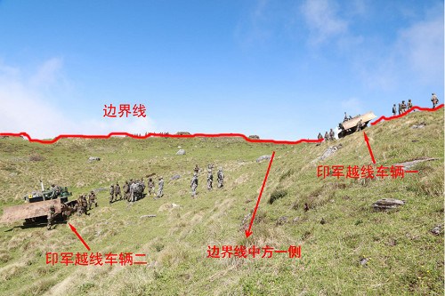 This photo shows Indian border troops crossing the mutually-recognized boundary at the Sikkim section and entering China. (Photo/fmprc.gov.cn)