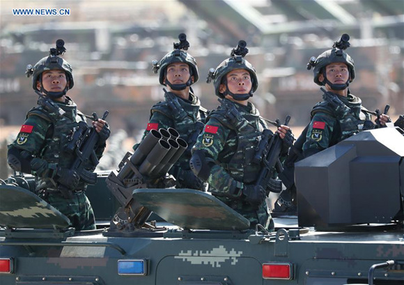 Photo taken on July 30, 2017 shows a formation of special police of the armed police force during a military parade at Zhurihe training base in north China's Inner Mongolia Autonomous Region. China on Sunday held a grand military parade to mark the 90th founding anniversary of the People's Liberation Army. (Xinhua/Pang Xinglei)