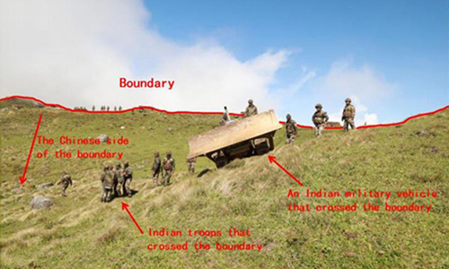The graphics shows an appendix released in the document titled The Facts and China's Position Concerning the Indian Border Troops' Crossing of the China-India Boundary in the Sikkim Sector into the Chinese Territory. (Xinhua/Qu Zhendong)