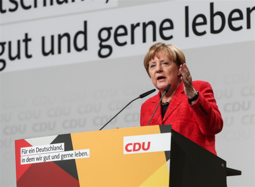 German Chancellor Angela Merkel delivers a speech during an election rally of Christian Democratic Union (CDU) for Germany's federal election in Schwerin, Germany, on Sept. 19, 2017. Germans will elect a new federal parliament on Sept. 24. (Xinhua/Shan Yuqi)