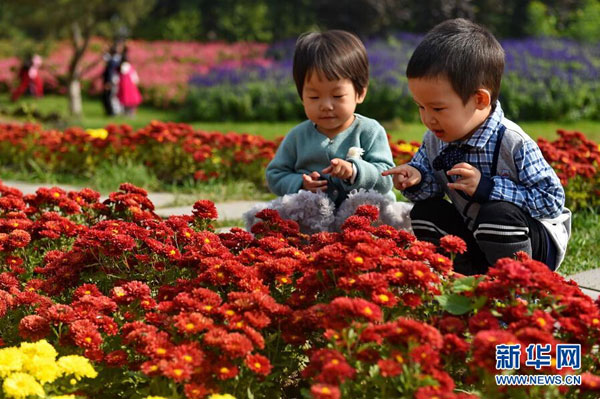 Two children look at red and yellow chrysanthemums at a park in Changchun, capital city of Jilin province, on Oct 2. (Photo by Zhang Nan/Xinhua)