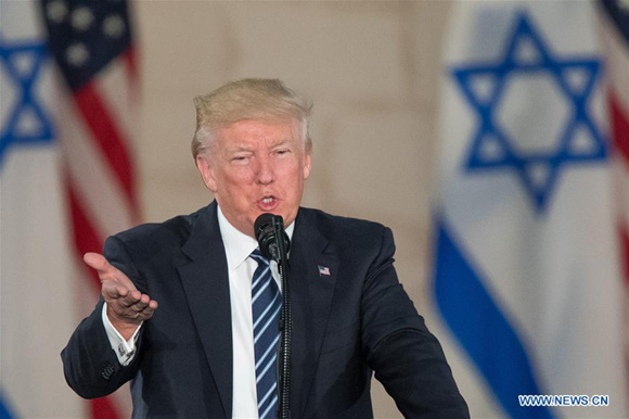 U.S. President Donald Trump delivers a speech at the Israel Museum in Jerusalem on May 23, 2017. In the final remarks that concluded his first visit to the region, U.S. President Donald Trump said Tuesday that peace between Israel and the Palestinians is possible. (Xinhua file photo/JINI)