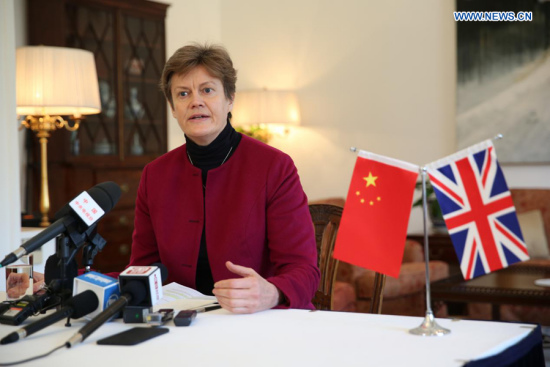 British Ambassador to China Barbara Woodward speaks during a press briefing about British Prime Minister Theresa Mays three-day official visit to China starting on Wednesday, in Beijing, Jan. 29, 2018. (Xinhuanet/Liang Yurou)