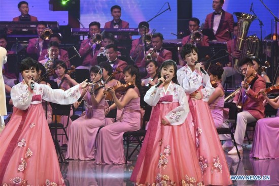 The Samjiyon orchestra members give performance in the Arts Center of Gangneung,South Korea, on Feb. 8, 2018. (Xinhua/Pool)
