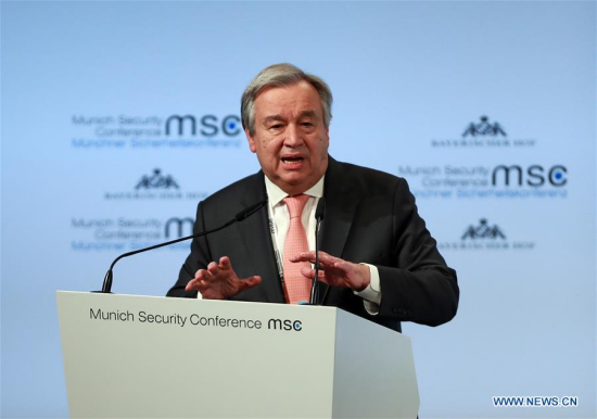 UN Secretary-General Antonio Guterres speaks during the 54th Munich Security Conference (MSC) in Munich, Germany, Feb. 16, 2018. (Xinhua/Luo Huanhuan)