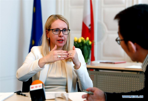 Austrian Minister for Digital and Economic Affairs Margarete Schrambock receives an interview with Xinhua in Vienna, Austria, on April 4, 2018. (Xinhua/Pan Xu)