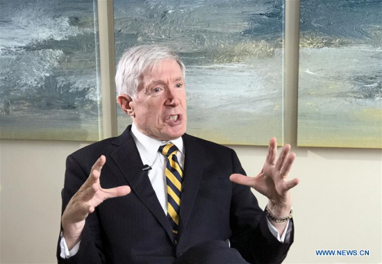 Robert Hormats, former U.S. undersecretary of state, receives an interview with Xinhua in New York April 5, 2018. He said that U.S. President Donald Trump's administration lacked a coherent strategy in tackling trade differences with its largest trading partner China. (Xinhua/Zhang Mocheng)