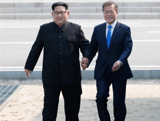 South Korean President Moon Jae-in (R) meets with top leader of the Democratic People's Republic of Korea (DPRK) Kim Jong Un in the border village of Panmunjom on April, 27, 2018.(Xinhua/Inter-Korean Summit Press Corps) South Korean President Moon Jae-in (R) meets with top leader of the Democratic People's Republic of Korea (DPRK) Kim Jong Un in the border village of Panmunjom on April, 27, 2018.(Xinhua/Inter-Korean Summit Press Corps)