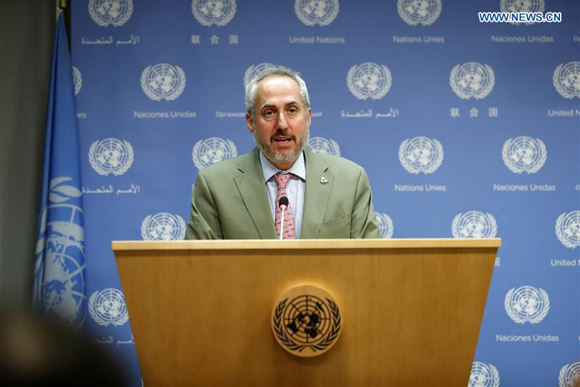 Stephane Dujarric, spokesperson for the United Nations secretary-general, reads out UN Secretary-General Antonio Guterres' statement concerning the US withdrawal from the Iran nuclear deal at the UN headquarters in New York, on May 8, 2018. (Photo/Xinhua)