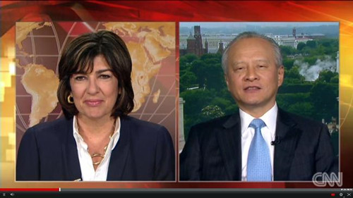 The interview of Chinese Ambassador to the US Cui Tiankai (Right) with CNN's Christiane Amanpour.