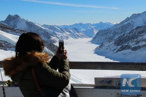 A Chinese tourist takes photos of the Aletsch Glacier at the foot of the Jungfrau on Jan. 23, 2016. (Photo: Xinhua/Nie Xiaoyang)