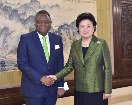 Chinese Vice Premier Liu Yandong (R) meets with Babatunde Osotimehin, executive director of the UN Population Fund (UNFPA), in Beijing, capital of China, March 17, 2016. (Xinhua/Li Tao)