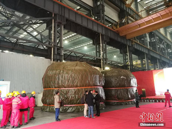 Critical parts are packaged in Zhangjiagang City, east China's Jiangsu Province, for assembly in the International Thermonuclear Experimental Reactor (ITER), an international nuclear fusion project in France, Jan. 28, 2018. (Photo/China News Service)