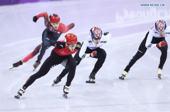 Wu Dajing (2nd L) of China competes during men's 500m final of short track speed skating at the 2018 PyeongChang Winter Olympic Games at Gangneung Ice Arena, Gangneung, South Korea, Feb. 22, 2018. (Xinhua/Lan Hongguang)
