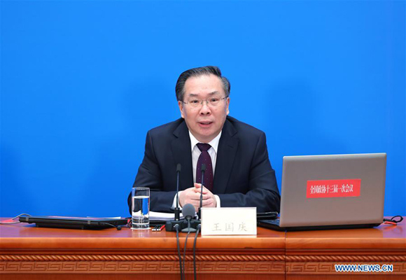 Wang Guoqing, spokesman of the first session of the 13th National Committee of the Chinese People's Political Consultative Conference (CPPCC), attends a press conference at the Great Hall of the People in Beijing, capital of China, March 2, 2018. The CPPCC National Committee held a press conference on Friday afternoon, one day ahead of its annual session.(Xinhua/Zhang Yuwei)