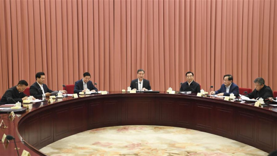 Wang Yang, the newly elected chairman of the 13th Chinese People's Political Consultative Conference (CPPCC) National Committee, presides over a meeting of the Leading Party Members Group of the CPPCC National Committee, in Beijing, capital of China, March 21, 2018. Wang Yang on Wednesday underscored the importance of the new constitutional amendment. (Xinhua/Gao Jie)