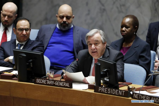 UN Secretary-General Antonio Guterres (R, Front) addresses a UN Security Council high-level debate on peacekeeping at the UN headquarters in New York, on March 28, 2018. UN Secretary-General Antonio Guterres on Wednesday called for strong collective action to deal with the serious challenges to the UN peacekeeping. (Xinhua/Li Muzi)