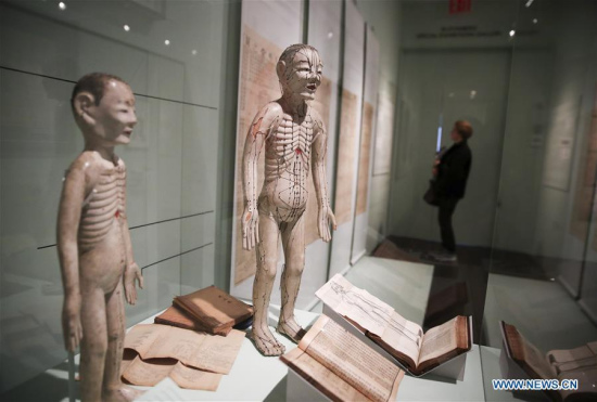 A visitor looks at exhibits during the press preview of Chinese Medicine in America: Converging Ideas, People and Practices and On the Shelves of Kam Wah Chung & Co. in the Museum of Chinese in America in New York, the United States, April 25, 2018. (Xinhua/Wang Ying)