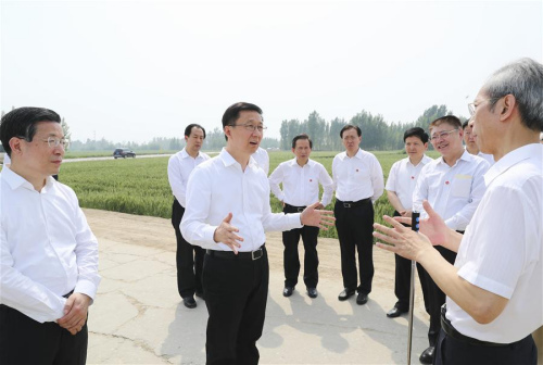 Chinese Vice Premier Han Zheng, also a member of the Standing Committee of the Political Bureau of the Communist Party of China Central Committee, inspects the infrastructure construction, industrial layout, and environmental protection and ecological restoration of the Baiyangdian Lake during his inspection to the Xiongan New Area in north China's Hebei Province, May 14, 2018. (Xinhua/Xie Huanchi)