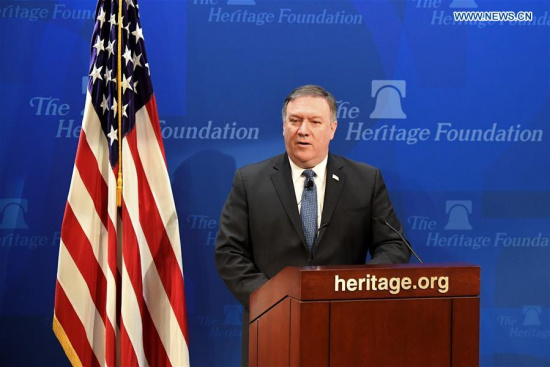 U.S. Secretary of State Mike Pompeo delivers a speech regarding U.S. policy after withdrawing from Iran nuclear deal at the Heritage Foundation in Washington D.C., the United States, on May 21, 2018.  (Xinhua/Yang Chenglin)