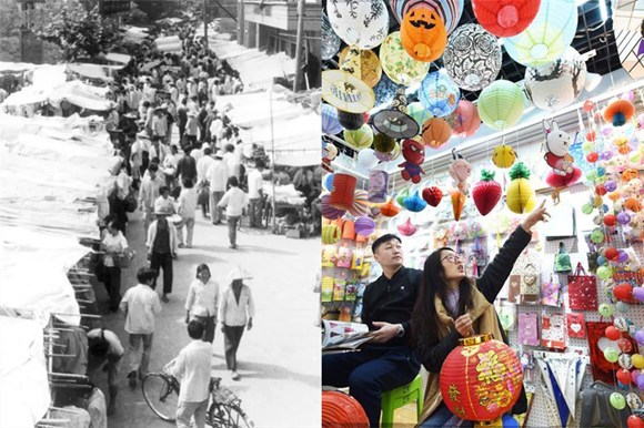 A composite of the first generation of Yiwu small commodities market in 1982 and the market now in February, 2018. (Photo/China.org.cn)